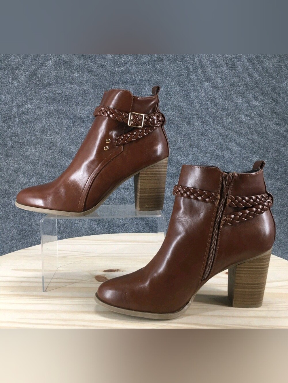 American Eagle Boots Womens 6 Ankle Booties Brown Faux Leather Braided Heels
